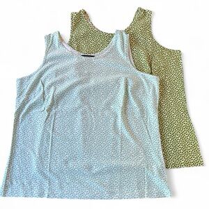 TWO! Lands’ End Sleeveless Tank Tops in Light and Dark Print Green. Size 1X